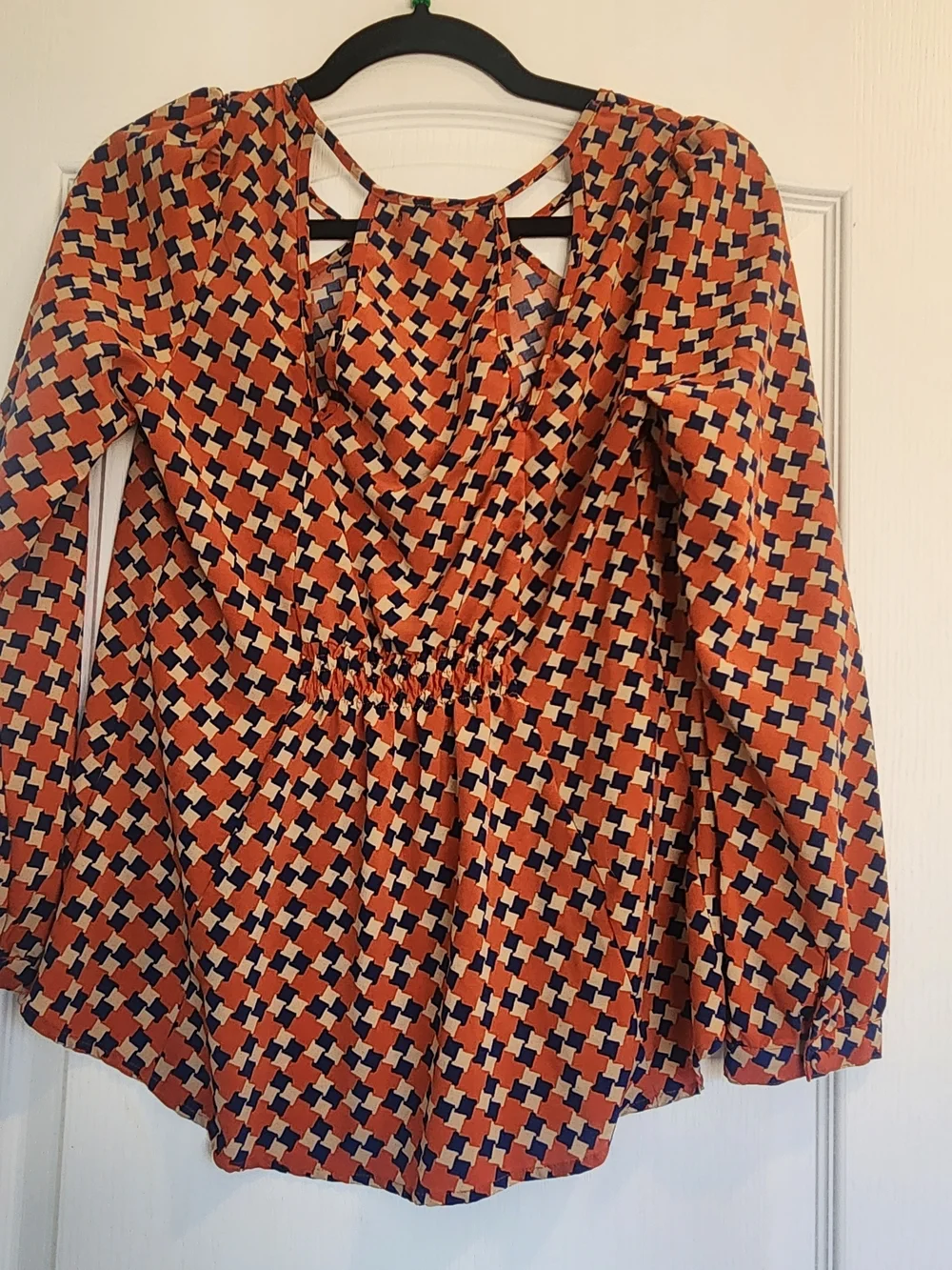 mine Orange and Navy Geometric Cutout Blouse S Euc